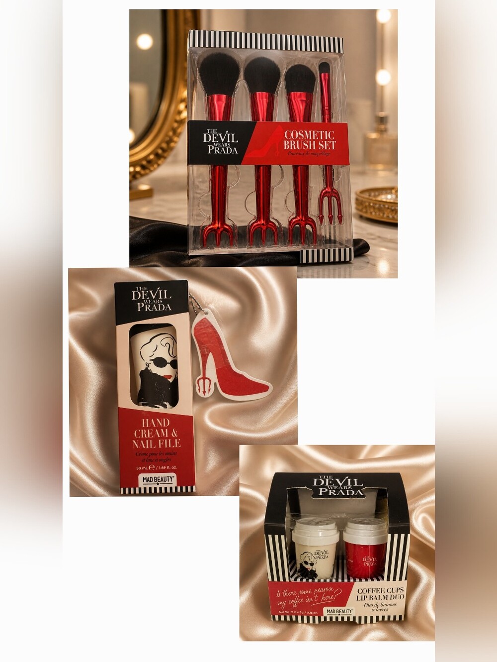 NWT The Devil Wears Prada Red Cosmetic Brush Set + Hand Care Gift Trio